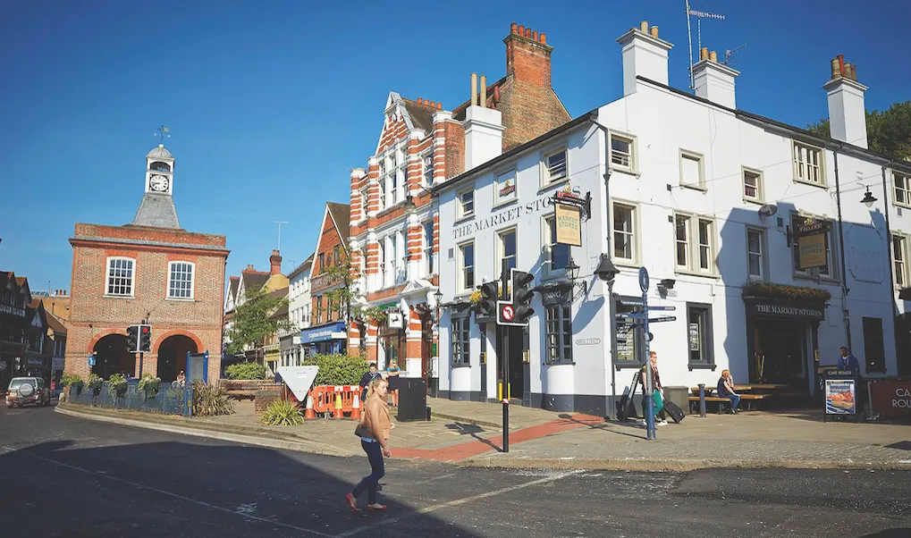 Redhill town centre street with parked cars